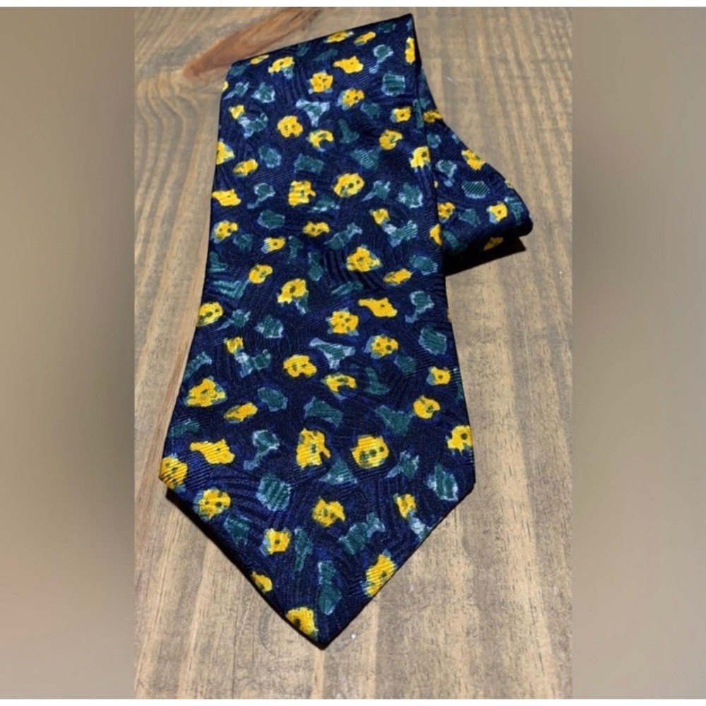 Gherardini Firenze Navy Blue Yellow Green Abstract Floral Silk Tie Vintage Retro